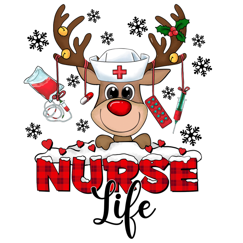 Embrace the festive spirit with this cute reindeer in a nurse hat, celebrating "Nurse Life" with holiday cheer!DTF Transfers