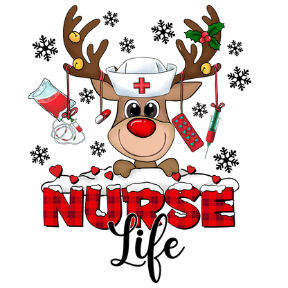 Embrace the festive spirit with this cute reindeer in a nurse hat, celebrating "Nurse Life" with holiday cheer!DTF Transfers