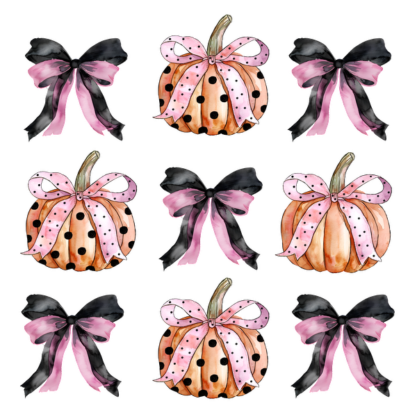 This whimsical pattern features charming pumpkins adorned with pink and black polka dot ribbons, perfect for autumn decor.