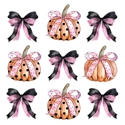 This whimsical pattern features charming pumpkins adorned with pink and black polka dot ribbons, perfect for autumn decor.