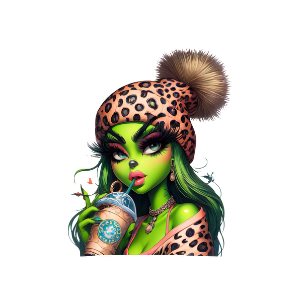 A vibrant green character in a leopard-print beanie enjoys a Starbucks drink, showcasing bold makeup and stylish accessories.DTF Transfers dtf prints