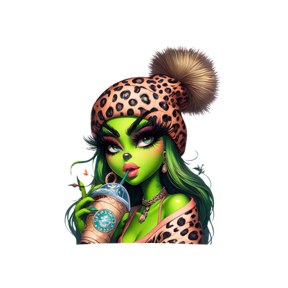 A vibrant green character in a leopard-print beanie enjoys a Starbucks drink, showcasing bold makeup and stylish accessories.DTF Transfers dtf prints