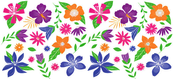 A vibrant floral pattern featuring a variety of colorful flowers and lush green leaves, perfect for spring designs.UV Transfers dtf prints