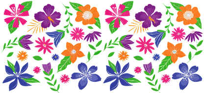 A vibrant floral pattern featuring a variety of colorful flowers and lush green leaves, perfect for spring designs.UV Transfers dtf prints