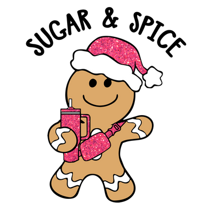 A cute gingerbread man wearing a glittery pink Santa hat and holding a pink drink, perfect for festive cheer!dtf regular iron