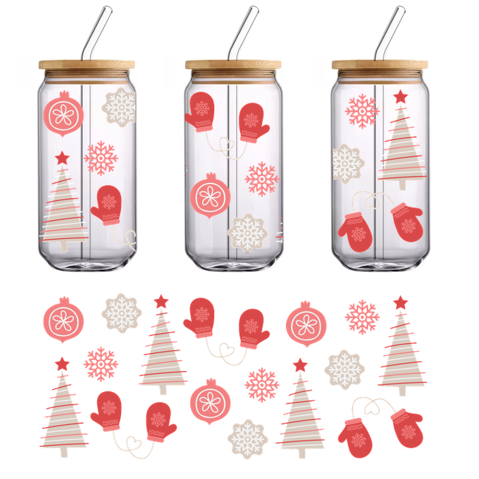 A cheerful Christmas-themed pattern featuring decorated trees, mittens, snowflakes, and ornaments in red and white hues.UV Transfers dtf transfers