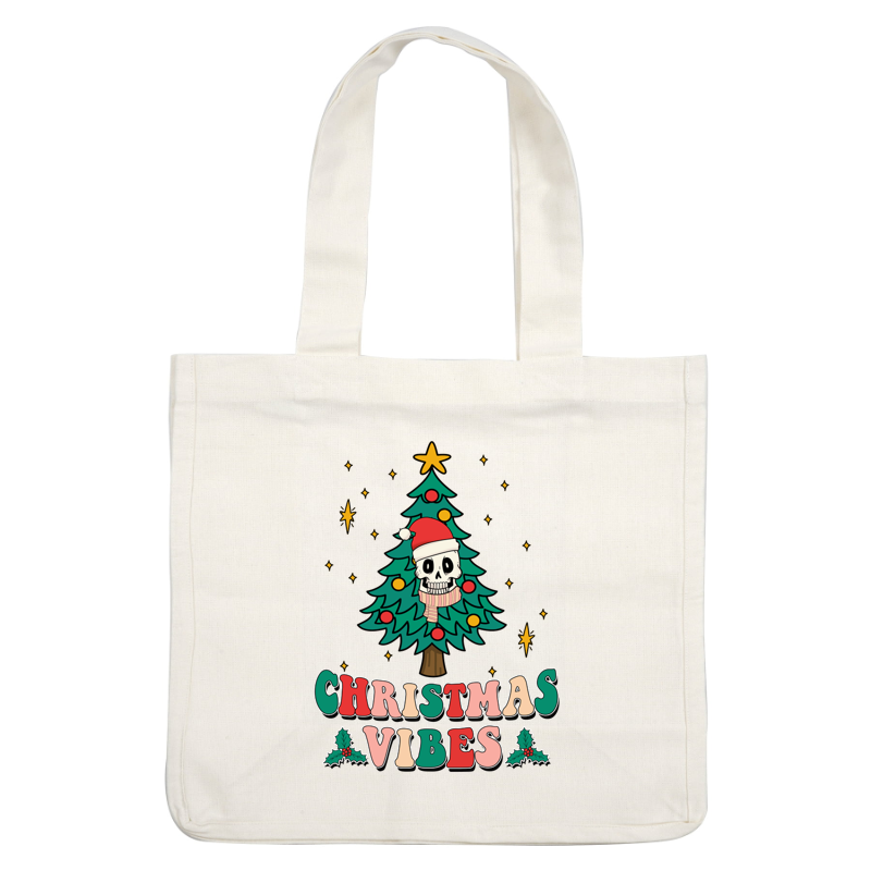 A playful illustration featuring a Christmas tree with a skull wearing a Santa hat, highlighted by colorful ornaments and festive text.dtf regular iron