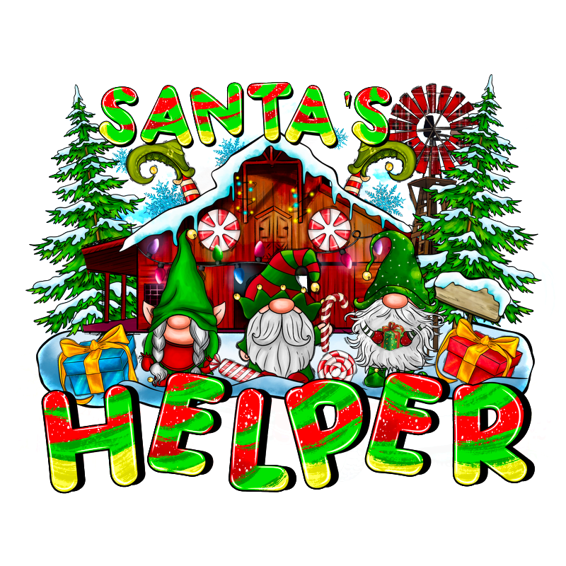 Celebrate the festive spirit with this colorful "Santa's Helper" design featuring cheerful gnomes, candy canes, and presents!DTF Transfers dtf prints