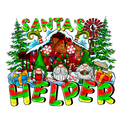 Celebrate the festive spirit with this colorful "Santa's Helper" design featuring cheerful gnomes, candy canes, and presents!DTF Transfers dtf prints