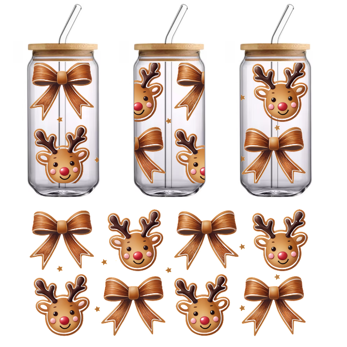 A festive assortment of cute reindeer faces and elegant brown bows, perfect for holiday decorations and crafts.UV Transfers dtf transfers