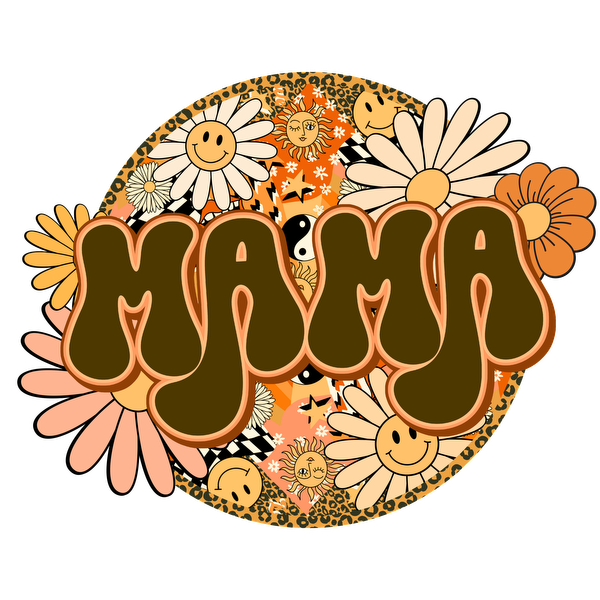 A vibrant and playful design featuring the word "MAMA" surrounded by cheerful flowers and smiley faces in retro colors. heat press transfers