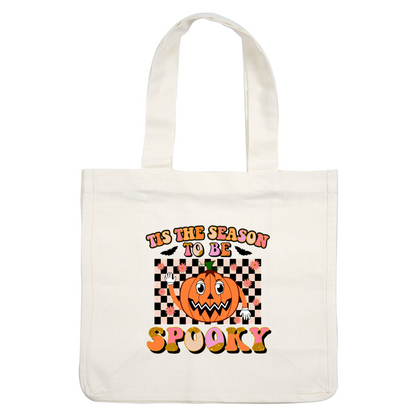 Celebrate Halloween with this playful graphic featuring a smiling jack-o'-lantern and the cheerful phrase "Tis the season to be spooky!" heat press transfers