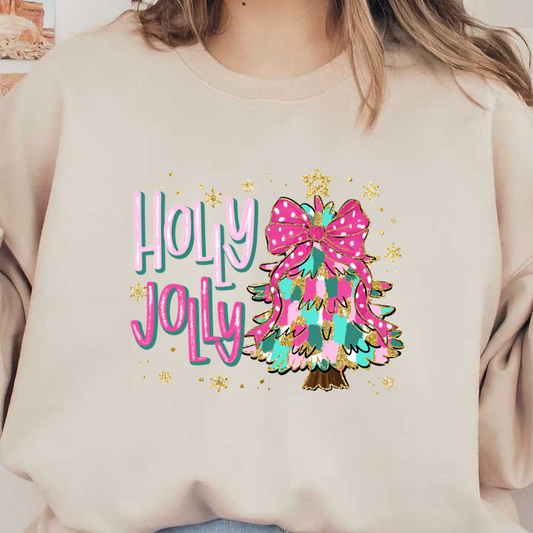 A colorful and festive illustration featuring a whimsical Christmas tree adorned with a large bow and the phrase "HOLY JOLLY."DTF Transfers