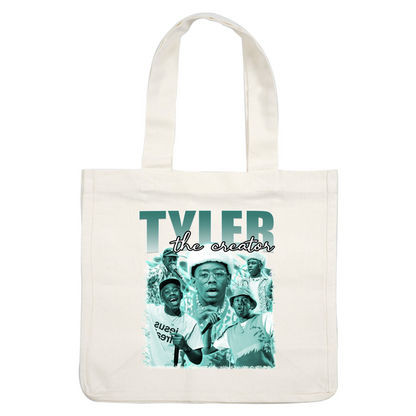 A vibrant collage of Tyler, the Creator showcasing different styles, expressions, and energetic performances in shades of teal and white.DTF Transfers dtf transfers