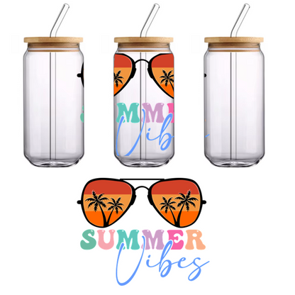 Bright and playful graphic featuring the words "Summer Vibes" with colorful letters and palm trees inside sunglasses.UV Transfers heat press transfers