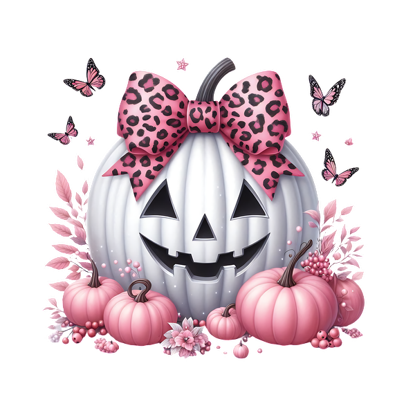 A whimsical Halloween scene featuring a white jack-o'-lantern with a leopard print bow, surrounded by pink pumpkins and butterflies.dtf regular iron