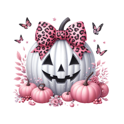 A whimsical Halloween scene featuring a white jack-o'-lantern with a leopard print bow, surrounded by pink pumpkins and butterflies.dtf regular iron