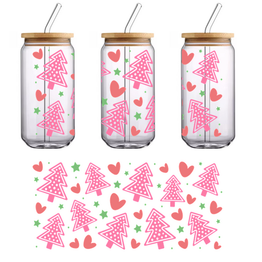 A playful pattern featuring pink Christmas trees, green stars, and red hearts, perfect for festive decorations or holiday crafts.UV Transfers heat press transfers