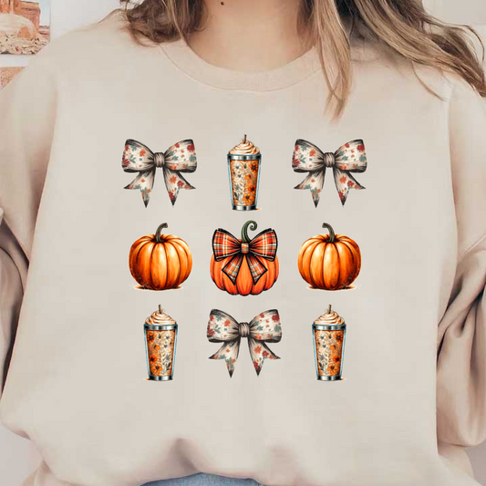 Este patrón festivo presenta calabazas, lazos decorativos y tazas inspiradas en el otoño, perfectos para una atmósfera otoñal acogedora.