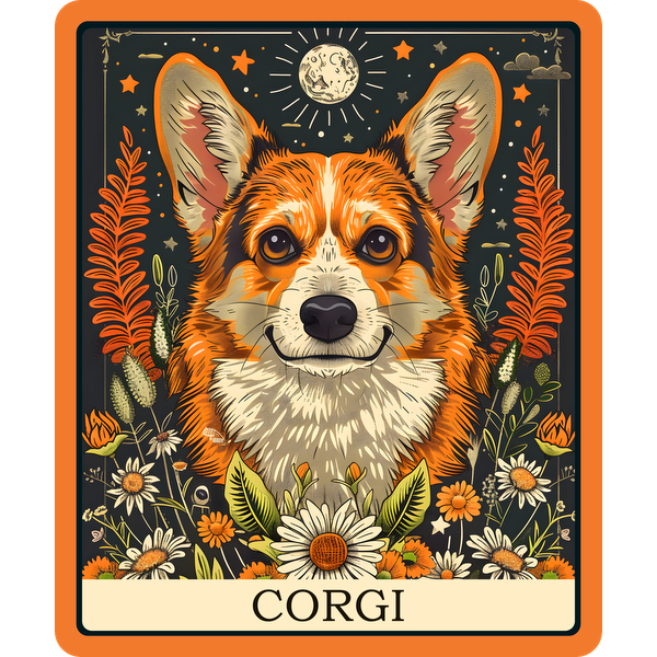 Una ilustración vibrante de un corgi rodeado de flores y follaje, que muestra su expresión alegre y su espíritu juguetón.