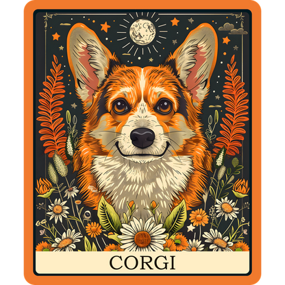 Una ilustración vibrante de un corgi rodeado de flores y follaje, que muestra su expresión alegre y su espíritu juguetón.