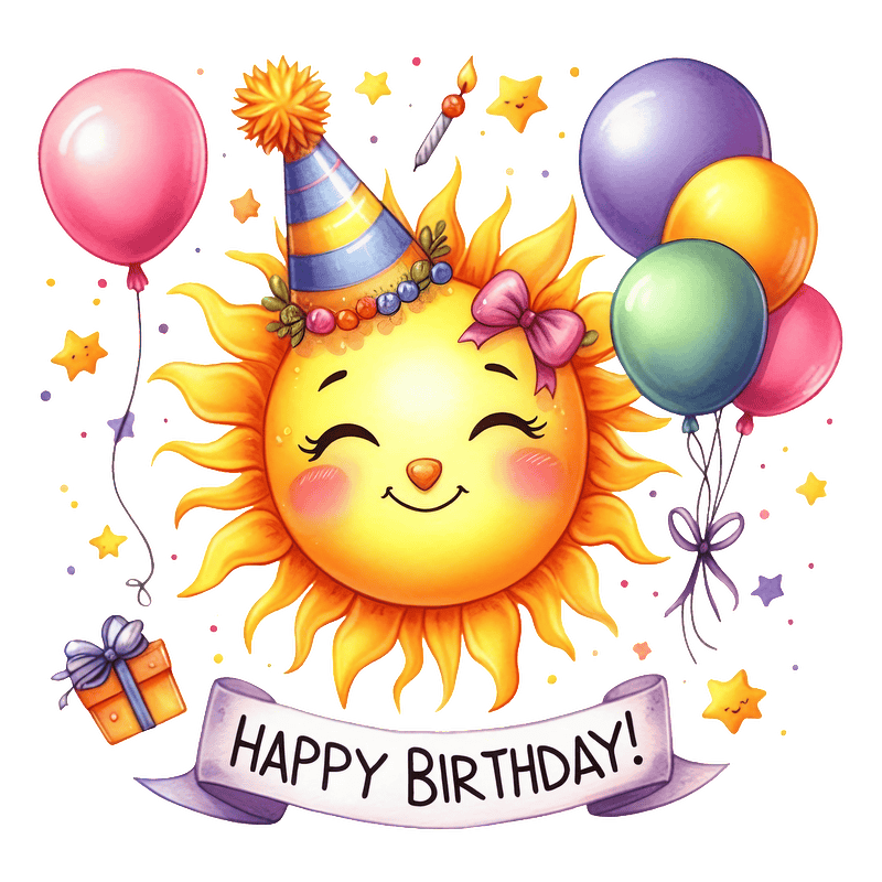 A cheerful cartoon sun with a party hat, surrounded by balloons and a gift, celebrates with a "Happy Birthday!" banner.DTF Transfers