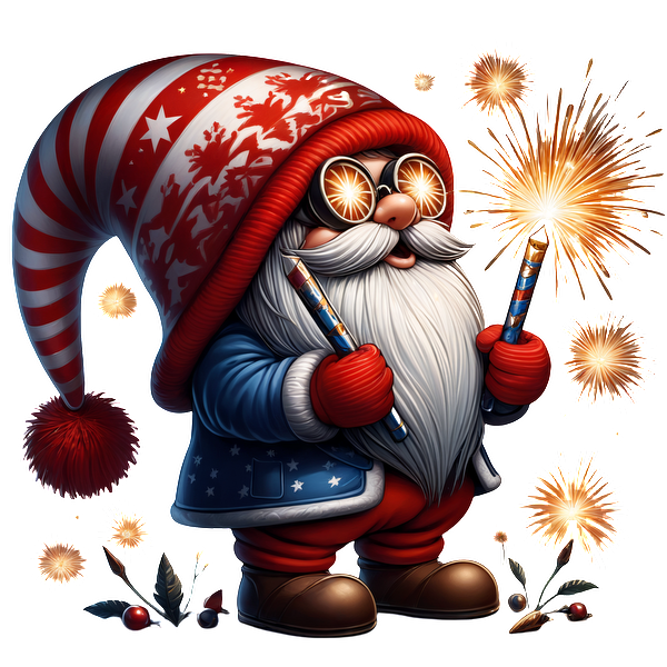 A cheerful gnome in a festive outfit celebrates with sparklers, wearing glasses and a red-white striped hat adorned with stars.dtf regular iron