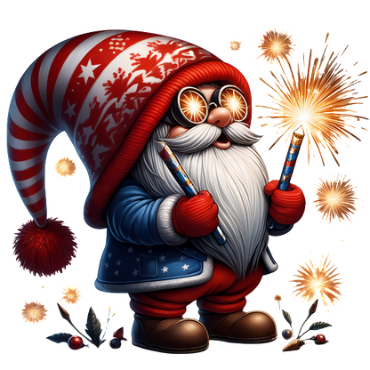 A cheerful gnome in a festive outfit celebrates with sparklers, wearing glasses and a red-white striped hat adorned with stars.dtf regular iron