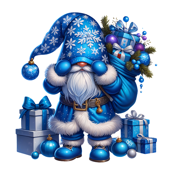 A cheerful blue-clad gnome with snowflake patterns holds gifts, surrounded by decorated presents, spreading festive cheer.DTF Transfers heat press transfers