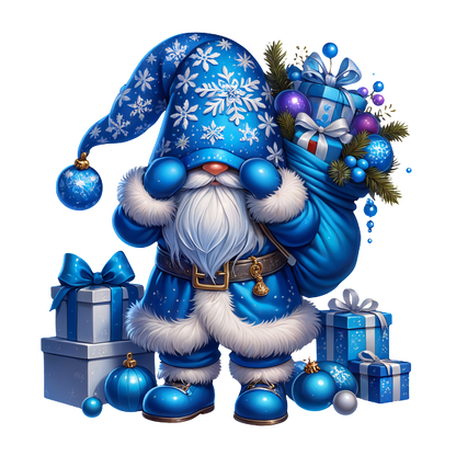 A cheerful blue-clad gnome with snowflake patterns holds gifts, surrounded by decorated presents, spreading festive cheer.DTF Transfers heat press transfers