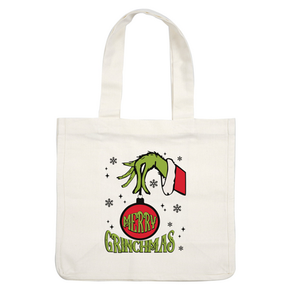 Celebrate the holiday spirit with this whimsical "Merry Grinchmas" design featuring a green hand holding a festive ornament!DTF Transfers dtf prints