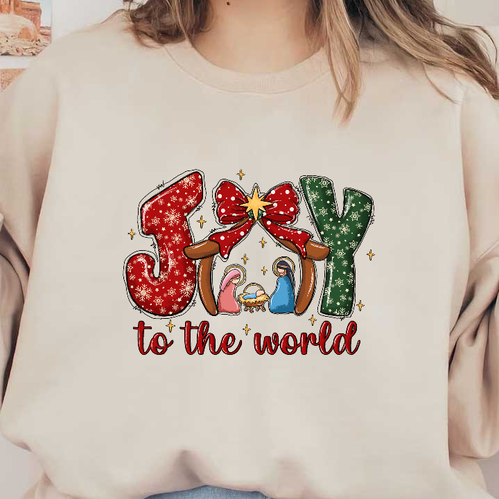 Festive "Joy to the World" design featuring colorful lettering, a star, and a nativity scene, perfect for holiday cheer!DTF Transfers