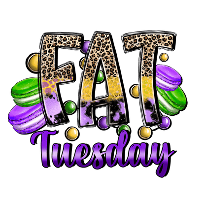 Celebrate Fat Tuesday with vibrant, leopard-patterned lettering and colorful macaroons, capturing the festive spirit of this joyful occasion!DTF Transfers