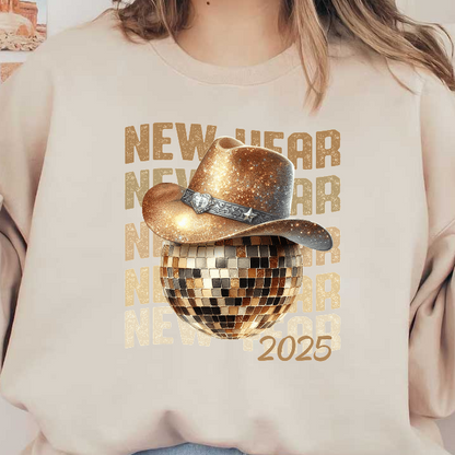 Celebrate New Year 2025 with a sparkly cowboy hat and a dazzling disco ball!DTF Transfers