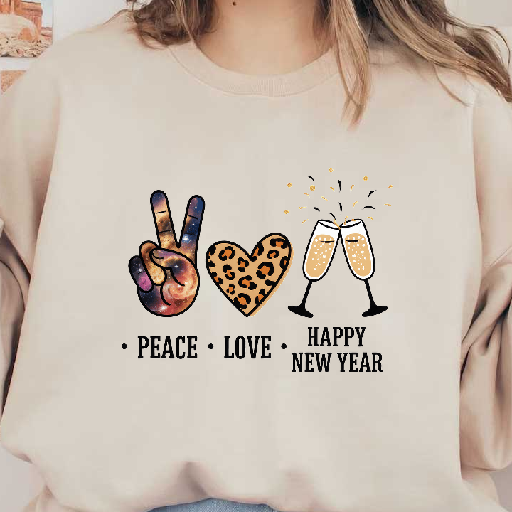 Celebrate the new year with peace, love, and festive bubbly in a vibrant design featuring a galaxy peace sign and leopard heart!DTF Transfers