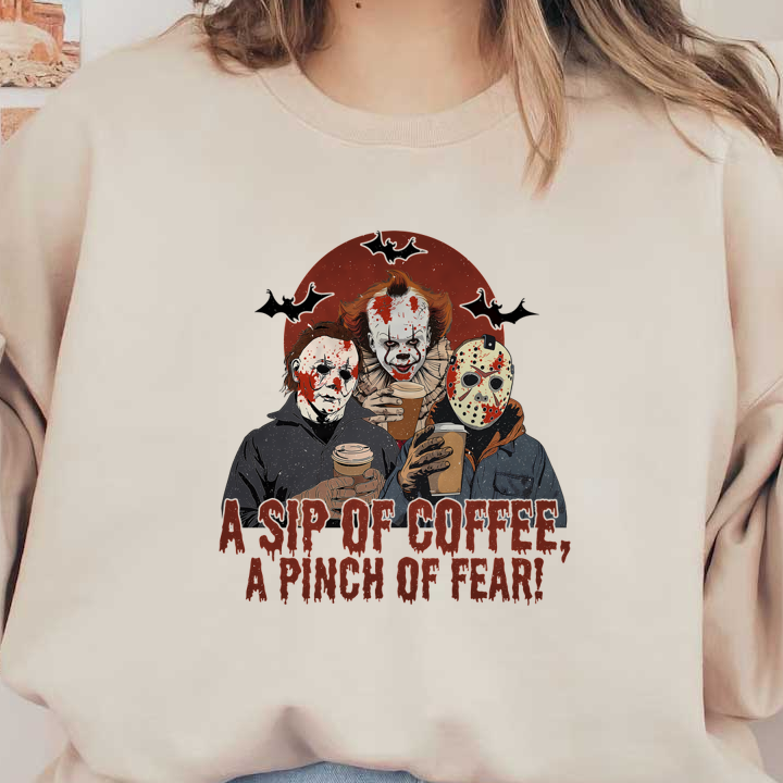 Un gráfico espeluznante que presenta personajes de terror icónicos disfrutando de un café, con el texto "¡Un sorbo de café, una pizca de miedo!"