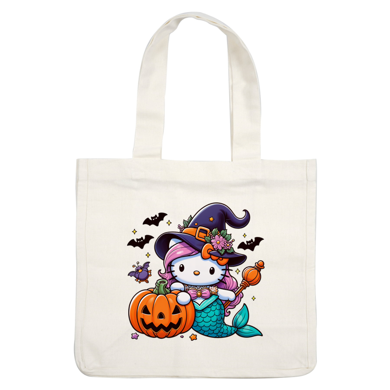 A whimsical Halloween-themed Hello Kitty dressed as a mermaid witch, holding a pumpkin and surrounded by bats and flowers.DTF Transfersdtf regular iron