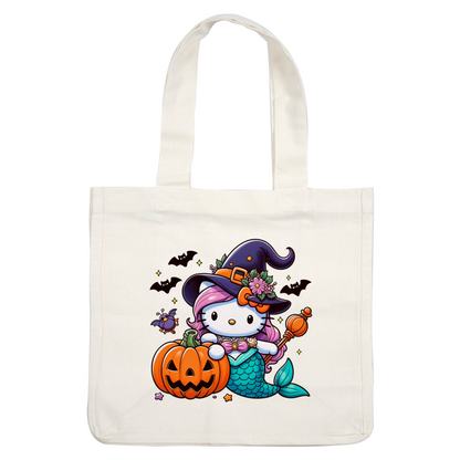 A whimsical Halloween-themed Hello Kitty dressed as a mermaid witch, holding a pumpkin and surrounded by bats and flowers.DTF Transfersdtf regular iron