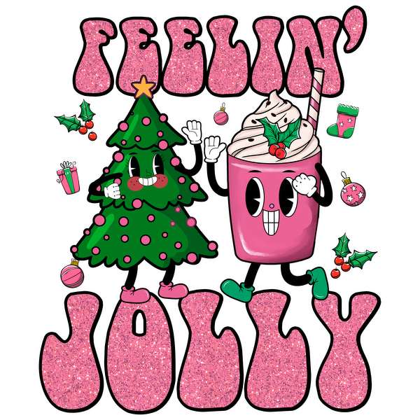 Un alegre gráfico con temática navideña que presenta un lindo árbol de Navidad y una taza de postre rosa con un texto divertido que dice "Feelin' Jolly".