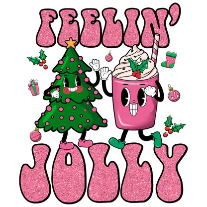 Un alegre gráfico con temática navideña que presenta un lindo árbol de Navidad y una taza de postre rosa con un texto divertido que dice "Feelin' Jolly".