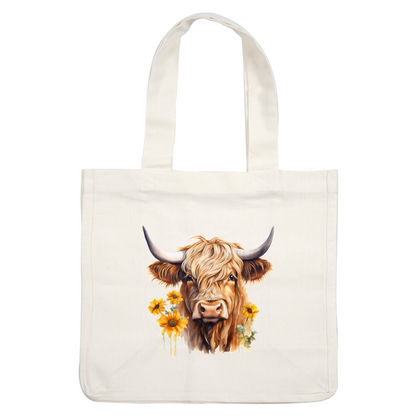 Una encantadora ilustración de una vaca de las Highlands adornada con vibrantes girasoles, que muestra su distintivo pelo largo y sus prominentes cuernos.