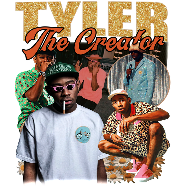 A vibrant collage featuring Tyler, The Creator, showcasing his distinctive fashion style and diverse looks across various performances.DTF Transfers heat press transfers