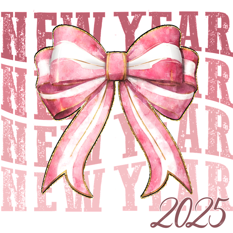 Celebrate the New Year with this vibrant pink and white watercolor bow design, featuring "New Year 2025" text in the background.DTF Transfers heat press transfers heat press transfers