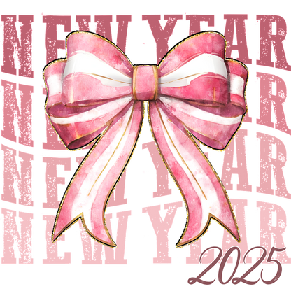 Celebrate the New Year with this vibrant pink and white watercolor bow design, featuring "New Year 2025" text in the background.DTF Transfers heat press transfers heat press transfers