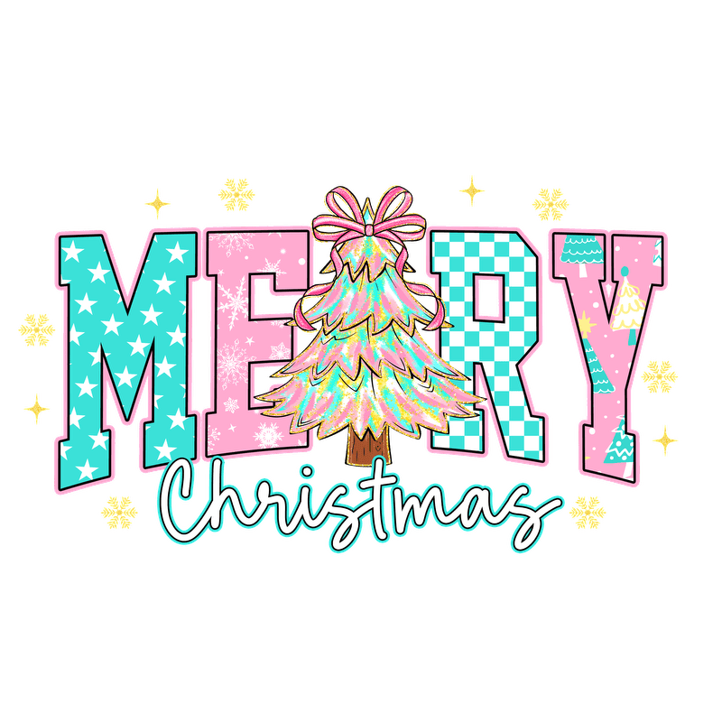 Festive "Merry Christmas" design featuring a colorful tree and playful typography.DTF Transfers