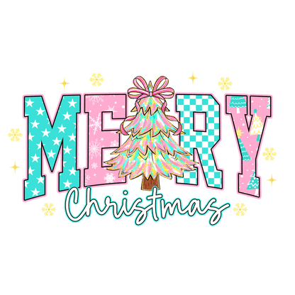 Festive "Merry Christmas" design featuring a colorful tree and playful typography.DTF Transfers