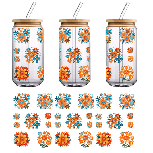 A vibrant collection of floral designs featuring orange and blue flowers, perfect for decorative purposes or graphic projects.UV Transfers heat press transfers