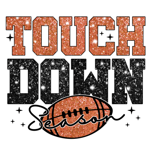 Texto brillante "TOUCH DOWN" con un gráfico de fútbol, ​​¡perfecto para celebrar el día del juego con estilo!