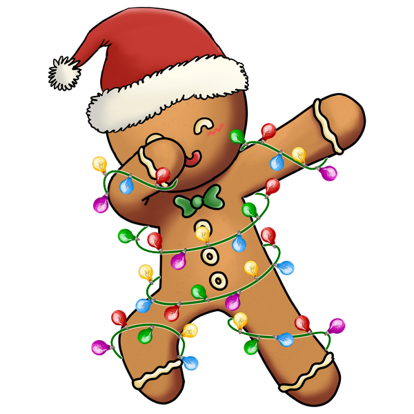 A cheerful gingerbread man in a Santa hat is playfully wrapped in colorful Christmas lights, exuding festive spirit. heat press transfers