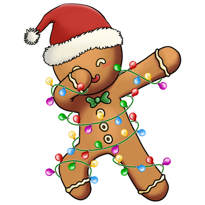 A cheerful gingerbread man in a Santa hat is playfully wrapped in colorful Christmas lights, exuding festive spirit. heat press transfers